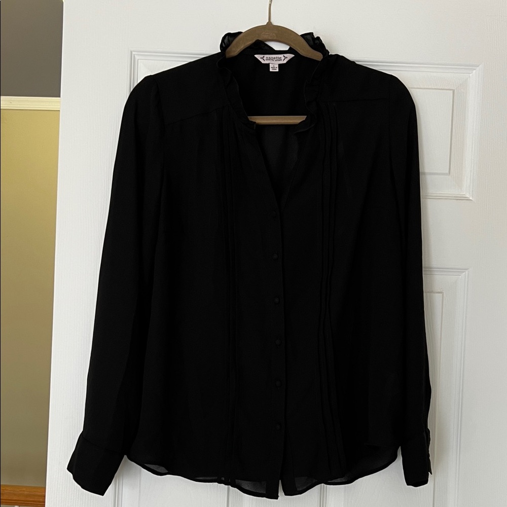 Equipment Black Ruffle Collar Button-Front Women's Blouse